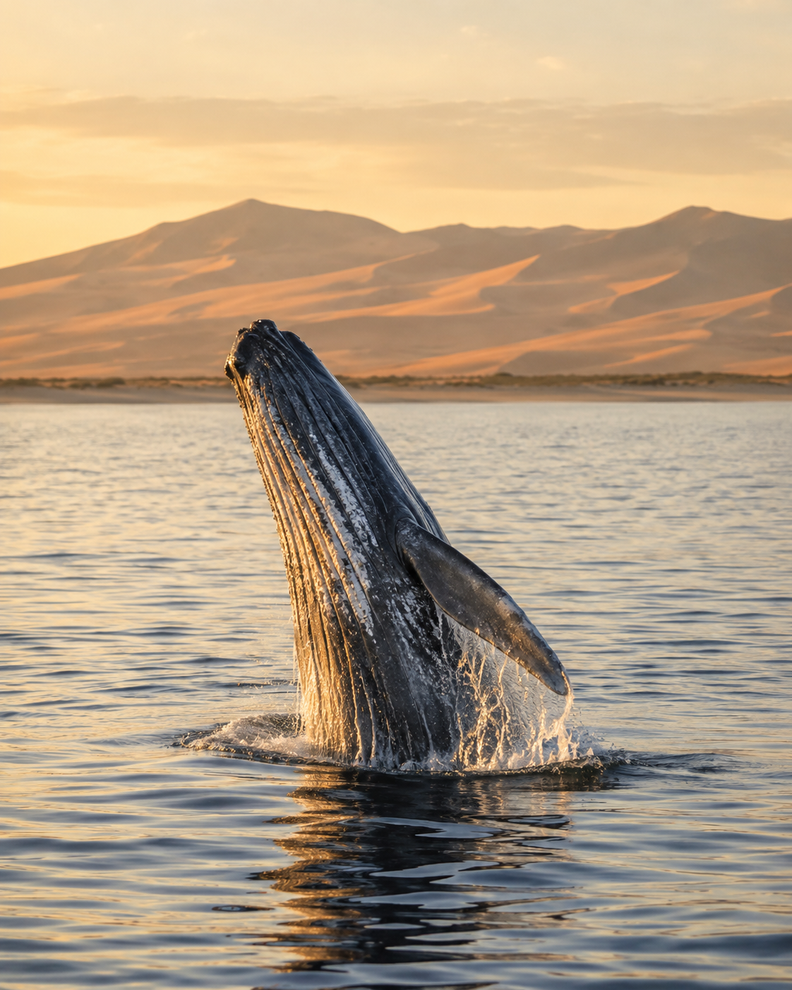Golden whale breaching at sunset in Magdalena Bay