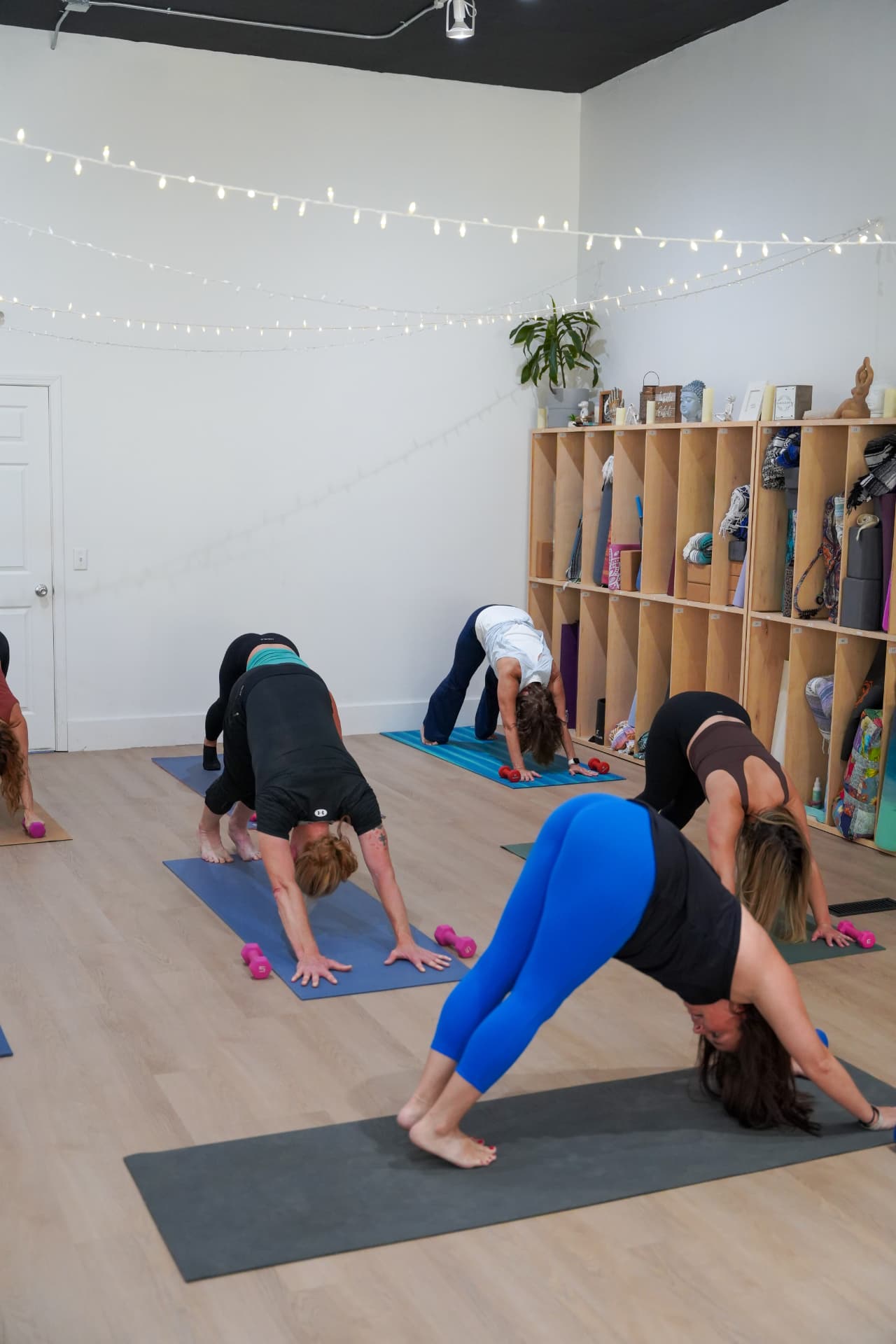 A row of students in downward facing dog with weights beside their mats