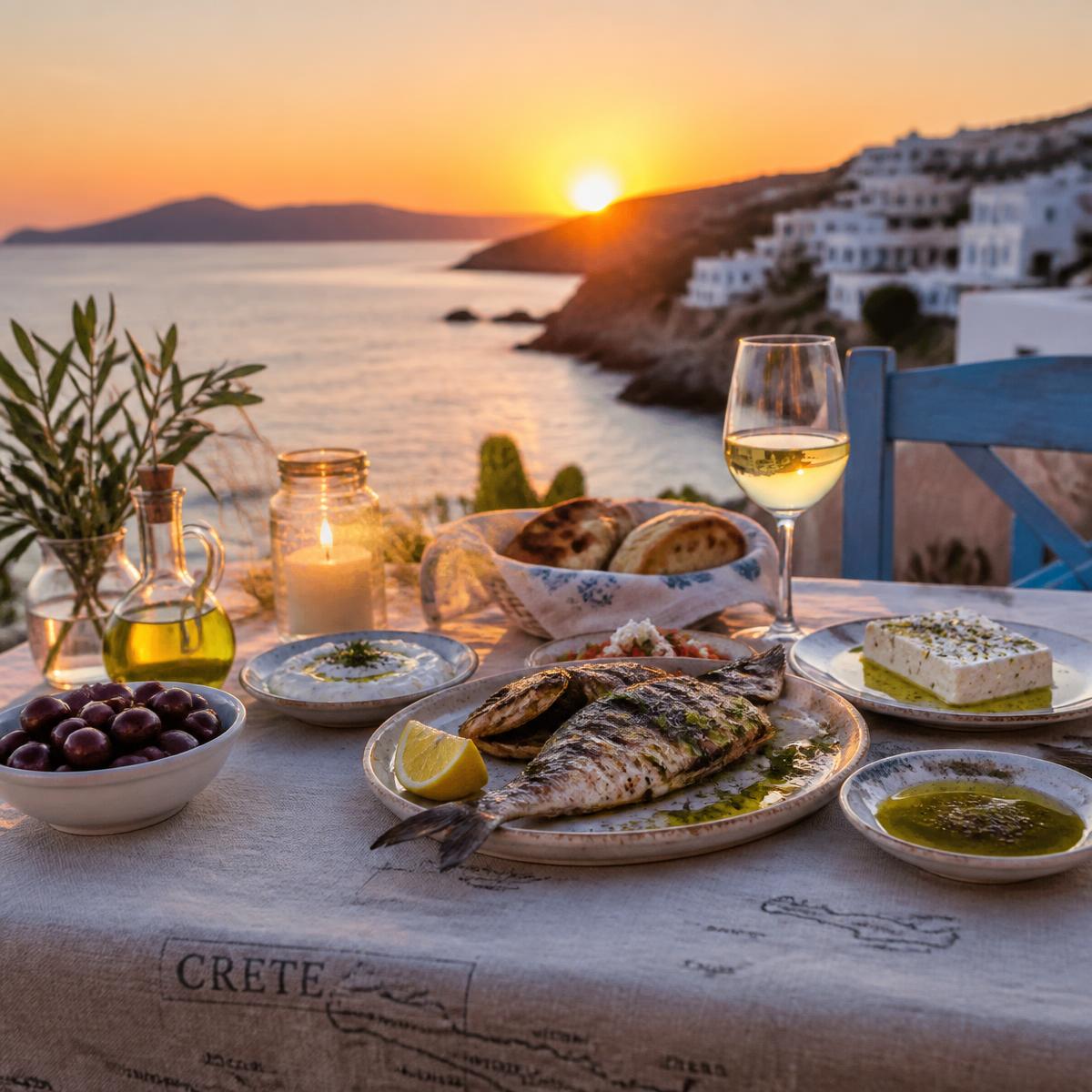 Outdoor table with a Greek meal and sea view