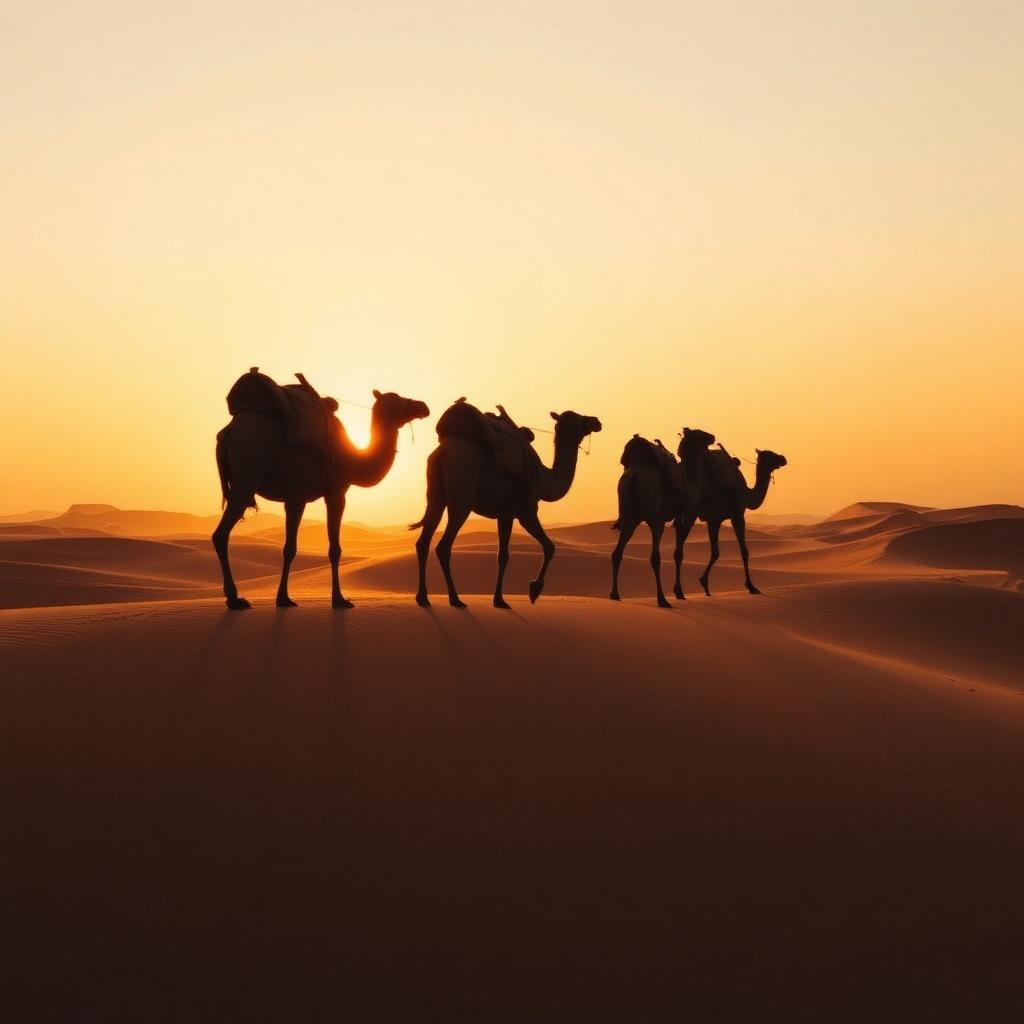 Camels crossing Sahara dunes at sunset