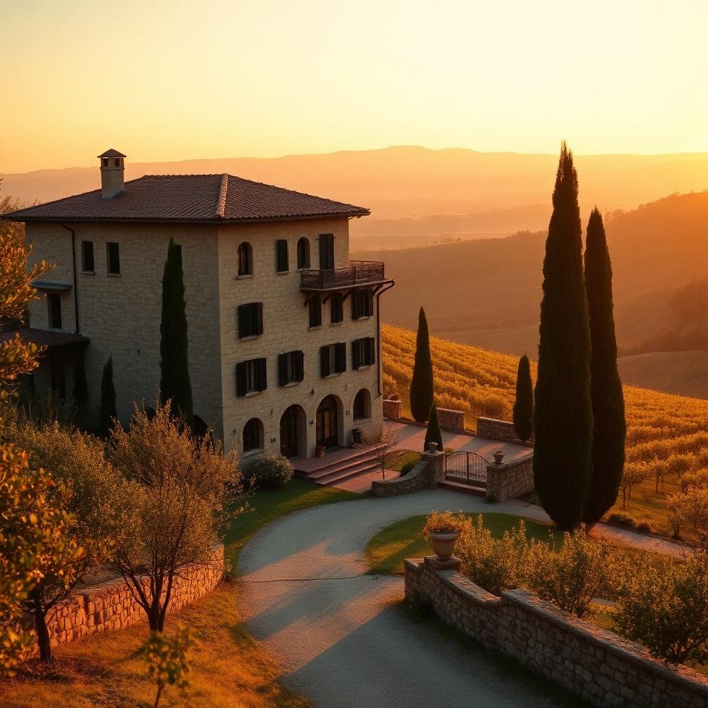 Tuscan stone villa with cypress trees